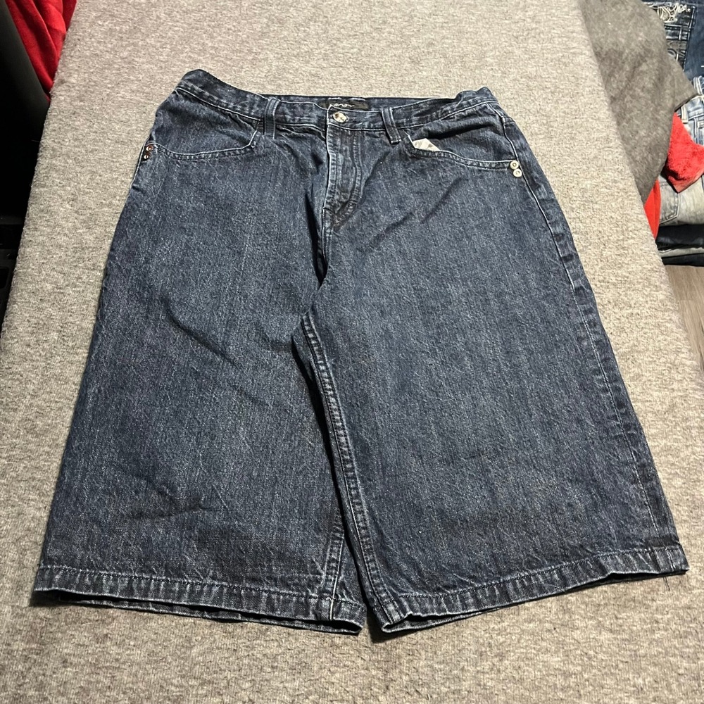 Sean John Mens Baggy Denim Shorts Dark Wash Checkerboard Pocket Size 34 Y2K 90s - Picture 2 of 4